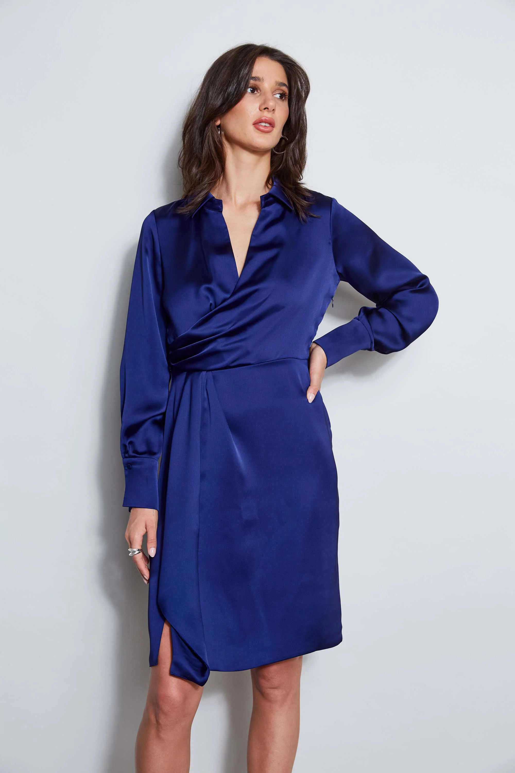 Long Sleeve Satin Wrap Dress - Inholu