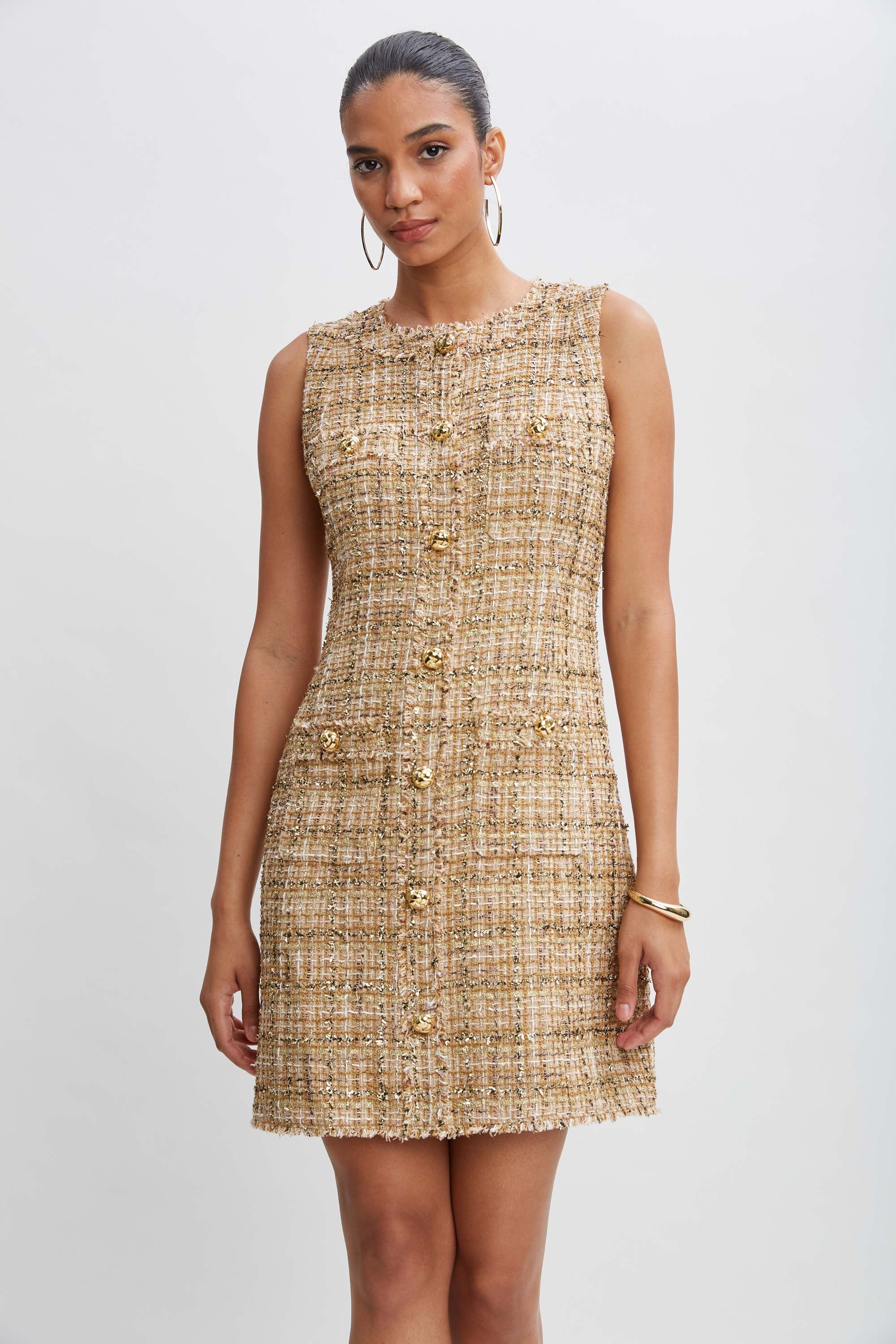 Metallic Tweed Button Dress - Inholu