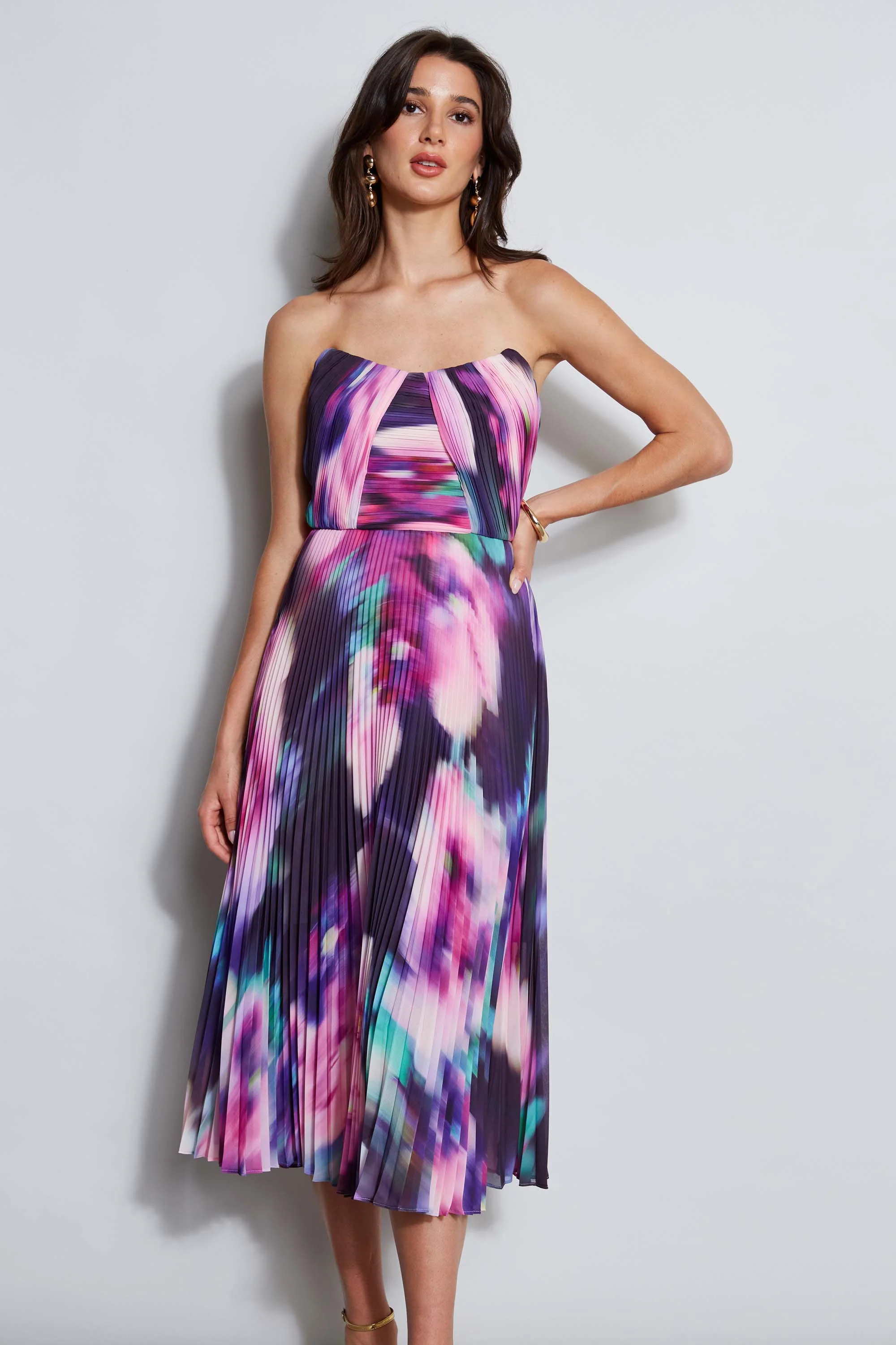 Strapless Pleated Print Midi Dress - Inholu